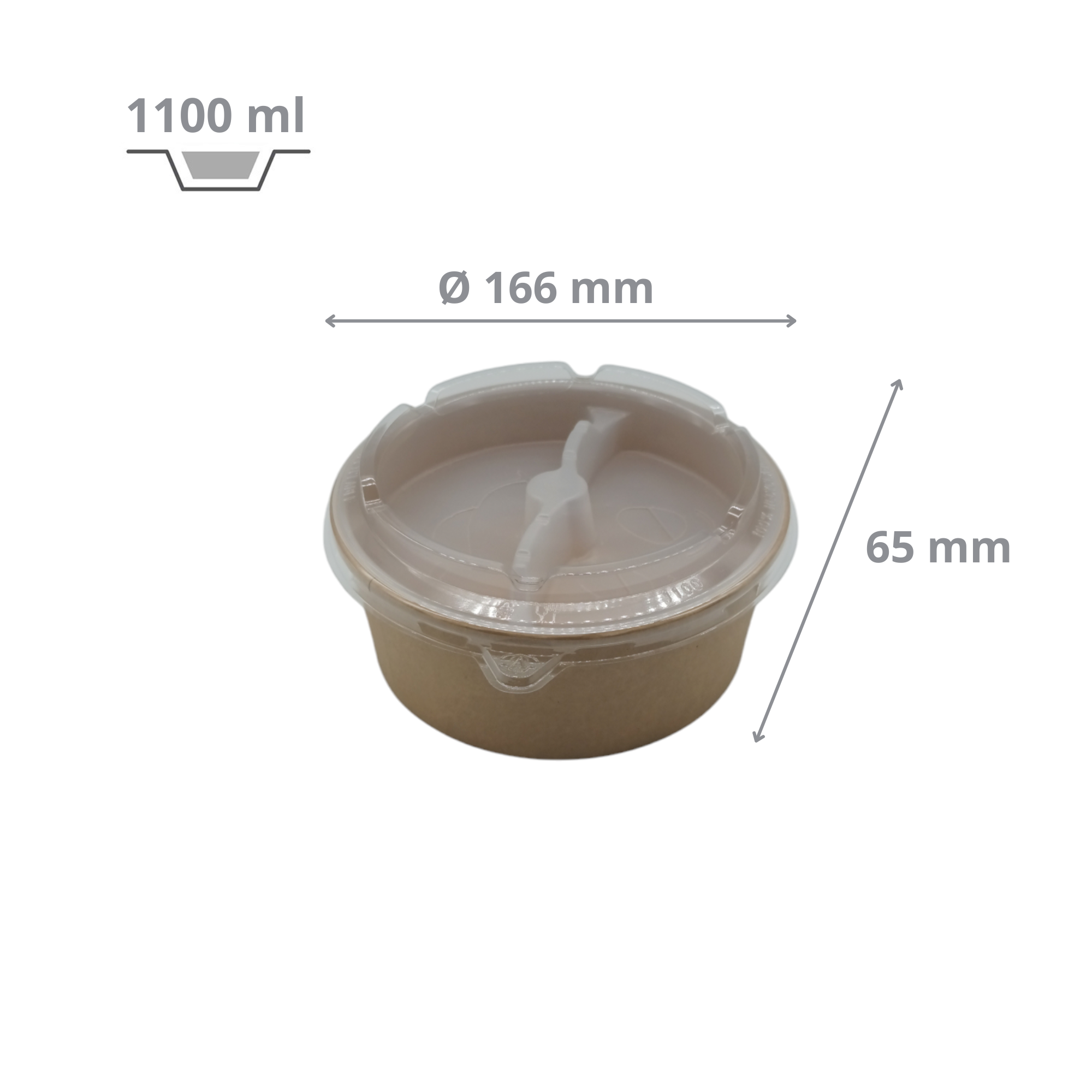 Pot salade en carton kraft brun 1100 ml + insert 2 compartiment + couvercle RPET